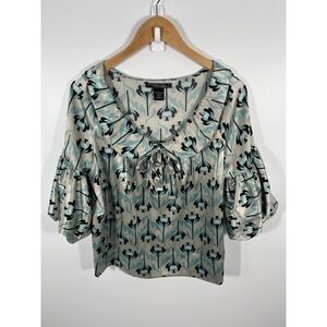 Vintage‎ Artsy Maximalist Eclectic Statement Womens Top L Blue Floral Print Bow